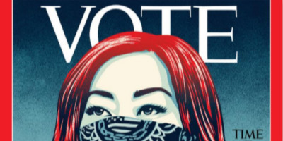 美國(guó)《時(shí)代》周刊首次將封面LOGO設(shè)計(jì)【TIME】替換成【VOTE】投票